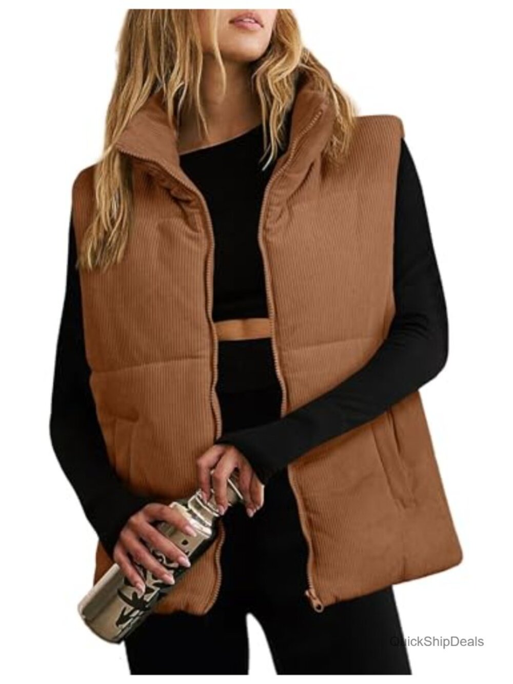 Quilted Puffer Vest Sleeveless Zip Up Stand Collar Lightweight Outerwear